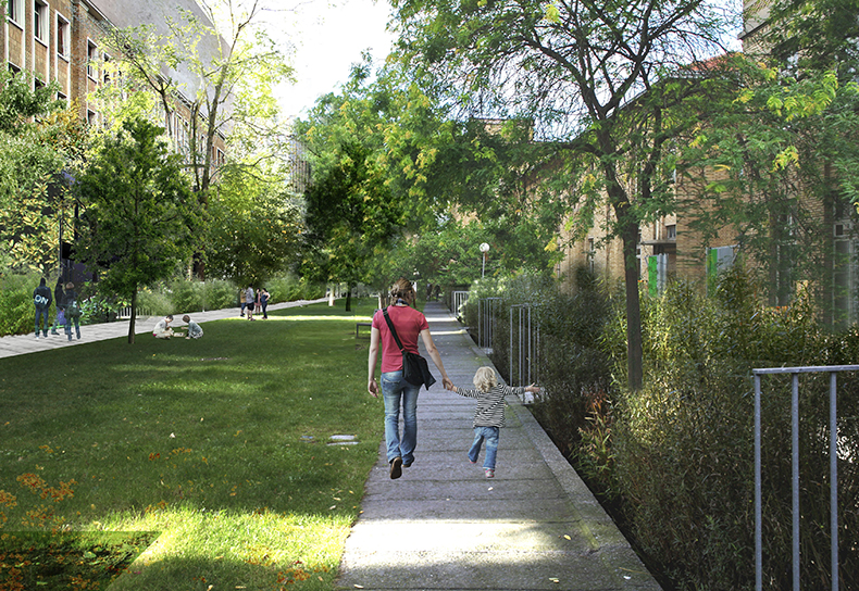 Projet urbain Saint-Vincent-de-Paul : perspective de la croisée paysagère centrale