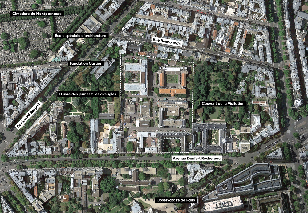 Projet urbain Saint-Vincent-de-Paul, Paris : vue aérienne du site dans son contexte urbain