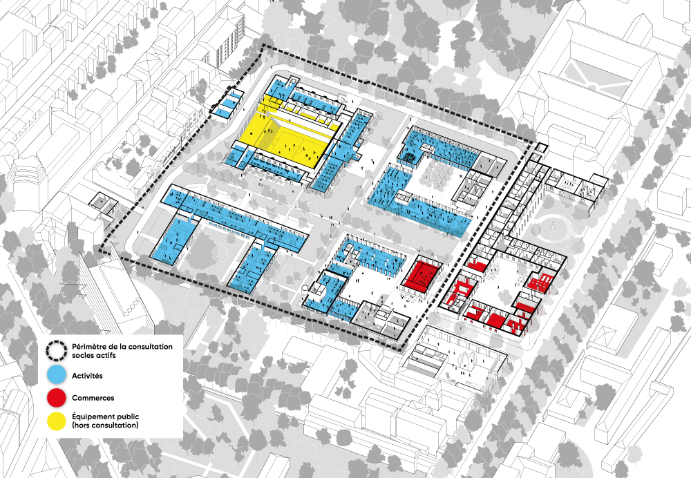 Projet urbain Saint-Vincent-de-Paul, Paris : les socles actifs (commerces, activités économiques)