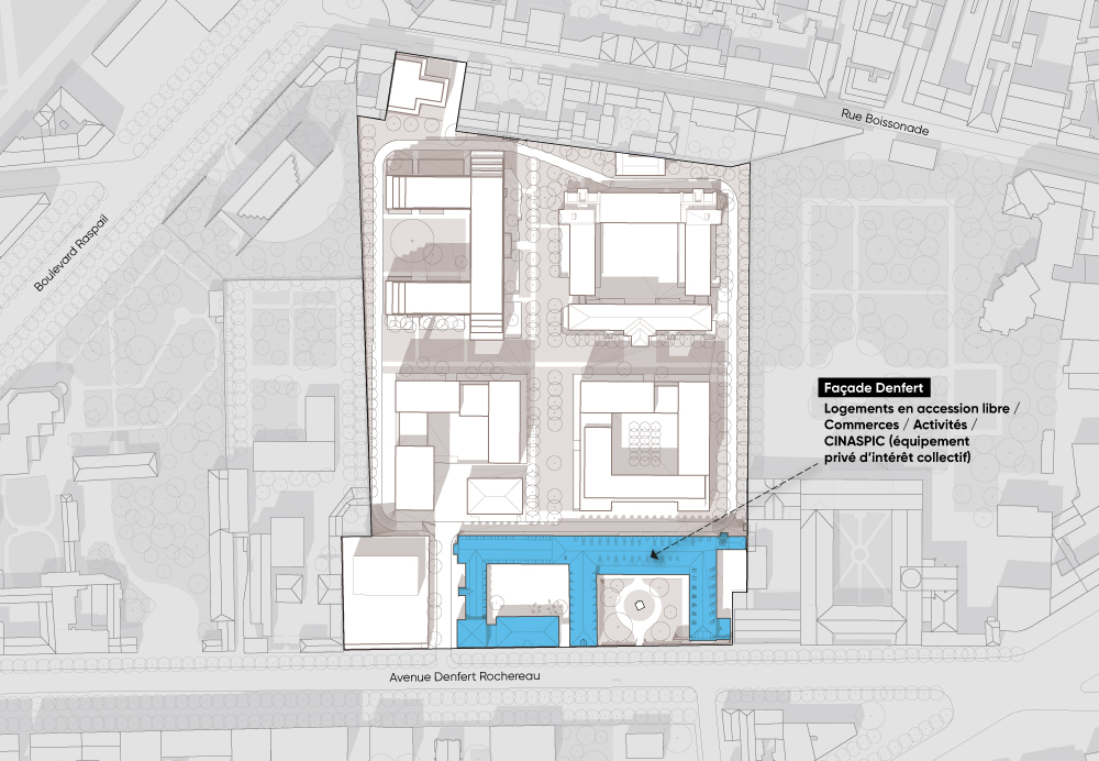 Projet urbain Saint-Vincent-de-Paul, Paris : localisation de la façade Denfert (logements privé, commerces, activités économiques et culturelles)