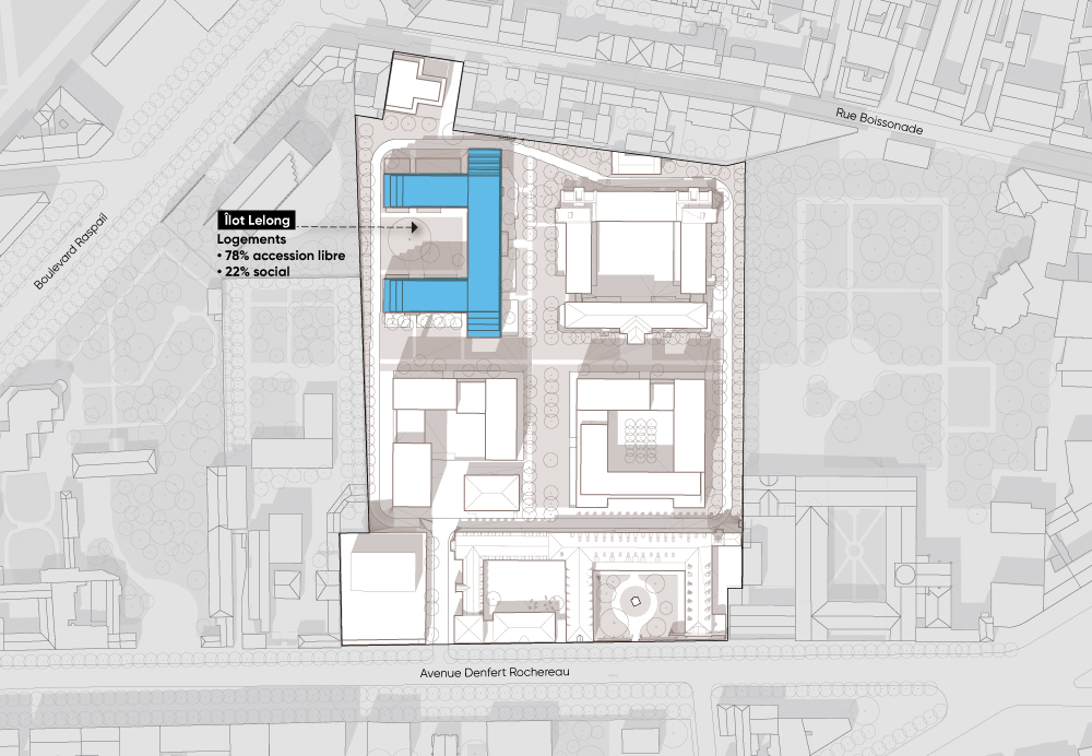 Projet urbain Saint-Vincent-de-Paul, Paris : localisation de l'îlot Lelong (logements privés et sociaux, activités)